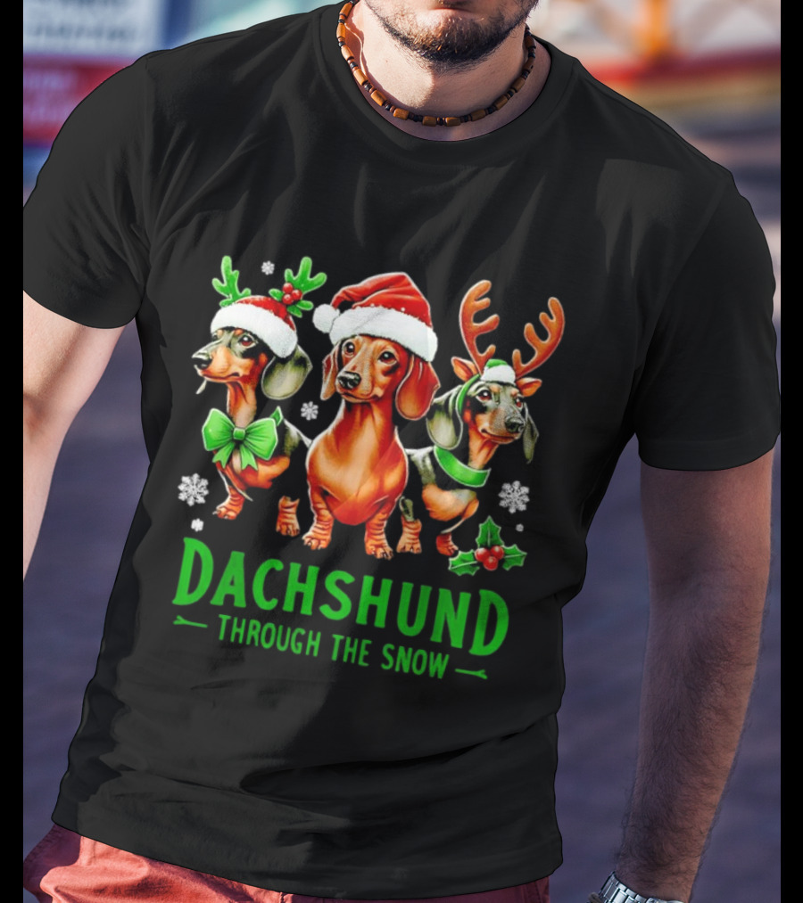 Dachshund Through The Snow Santa Hat Reindeer Antlers Christmas Bow T-Shirt