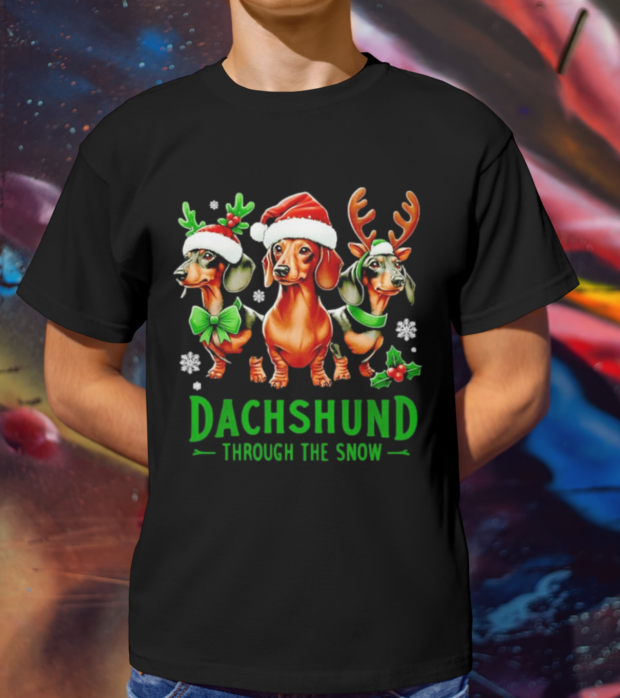 Dachshund Through The Snow Santa Hat Reindeer Antlers Christmas Bow T-Shirt
