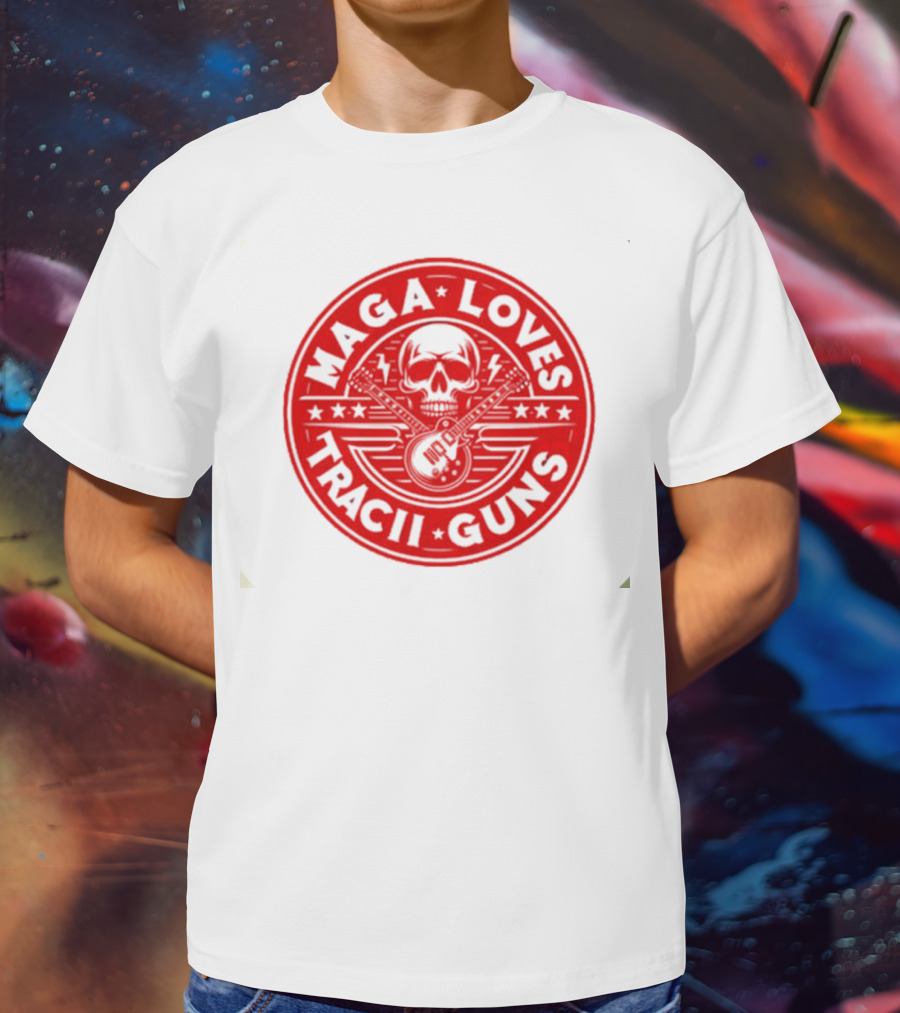 Maga Loves Tracii Guns Skull And Guitar Emblem With Stars And Lightning Bolts T-Shirt