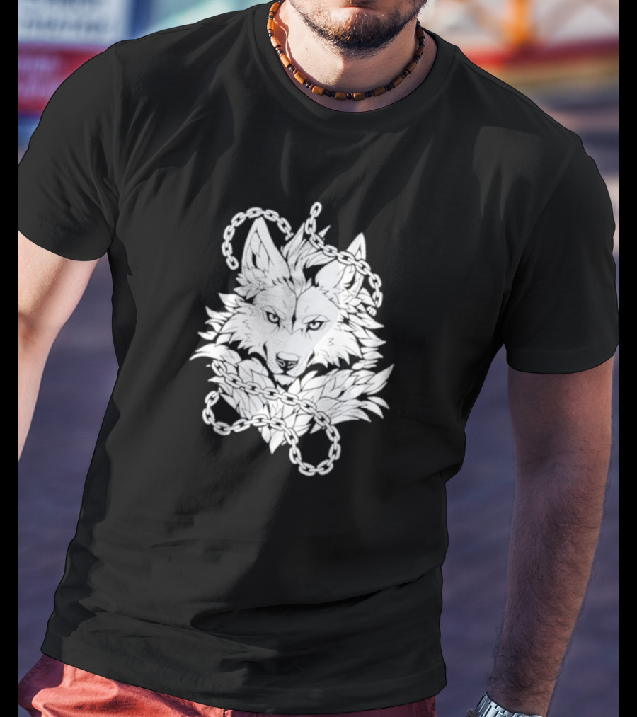 Wolf And Chains Intricate Black White T-Shirt