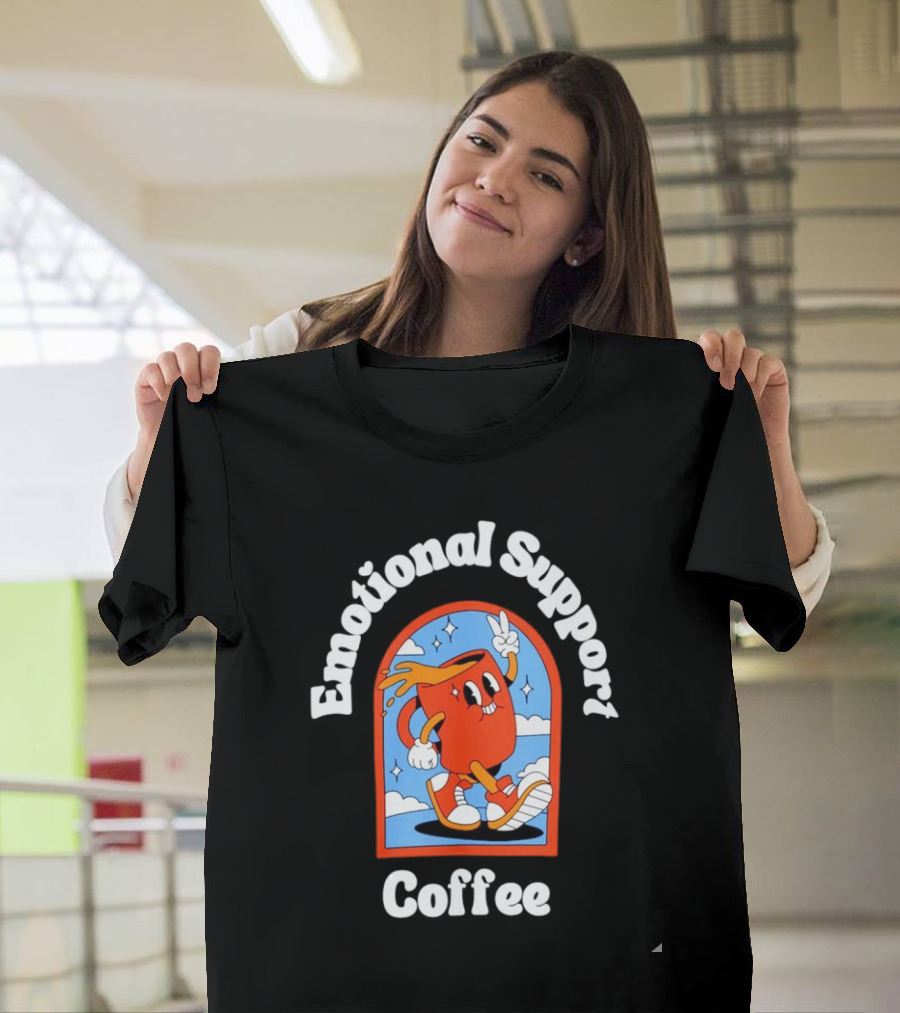 Emotional Support Coffee Cheerful Cartoon Character T-Shirt