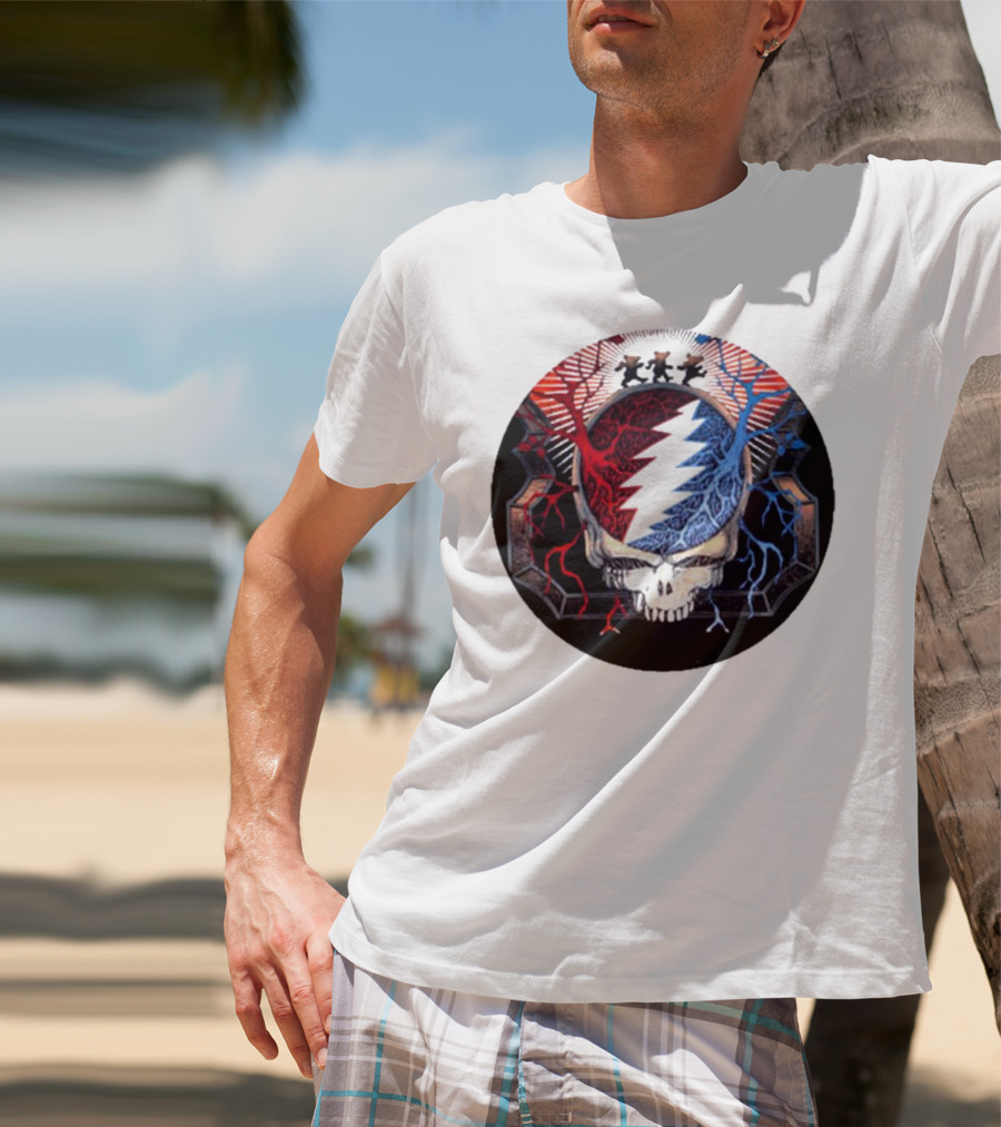 Grateful Dead Skull Bear Red Blue Lightning Bolt Circle T-Shirt