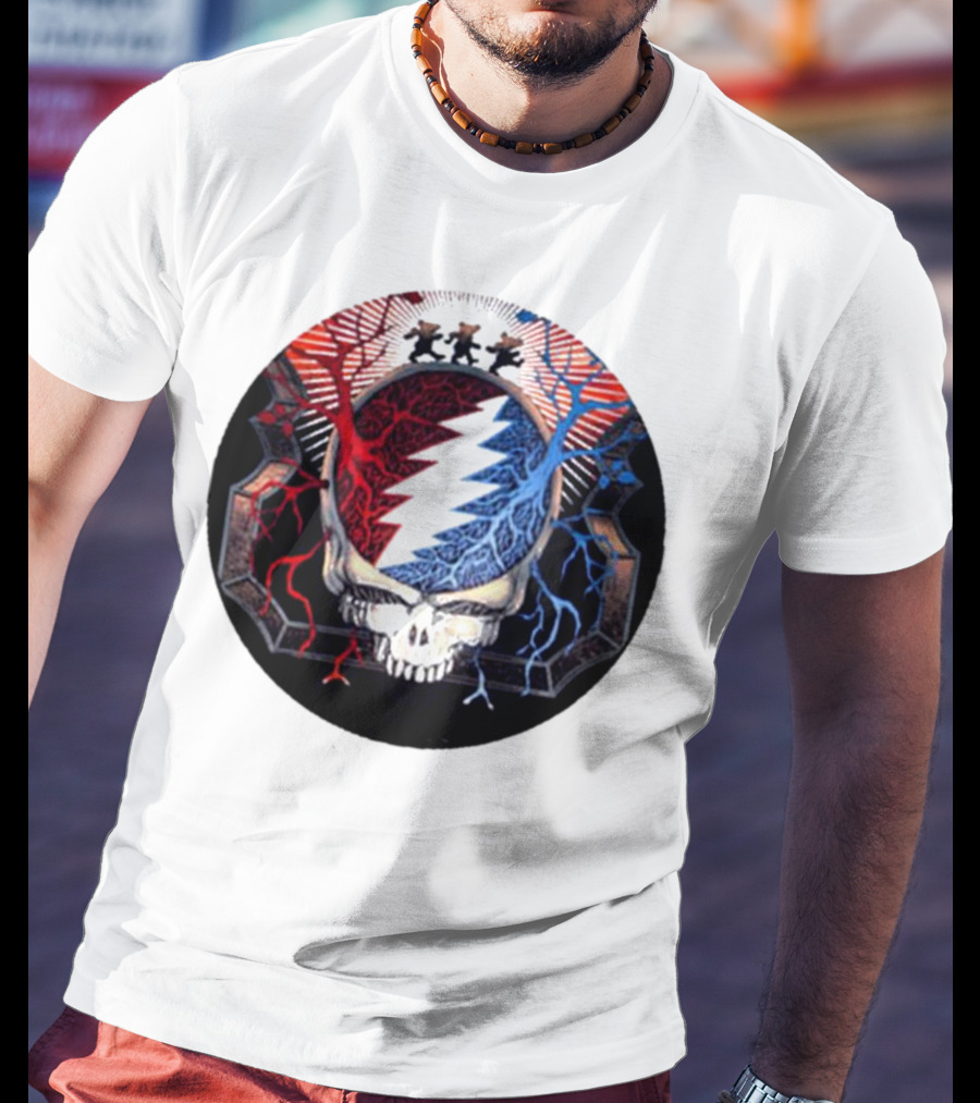 Grateful Dead Skull Bear Red Blue Lightning Bolt Circle T-Shirt