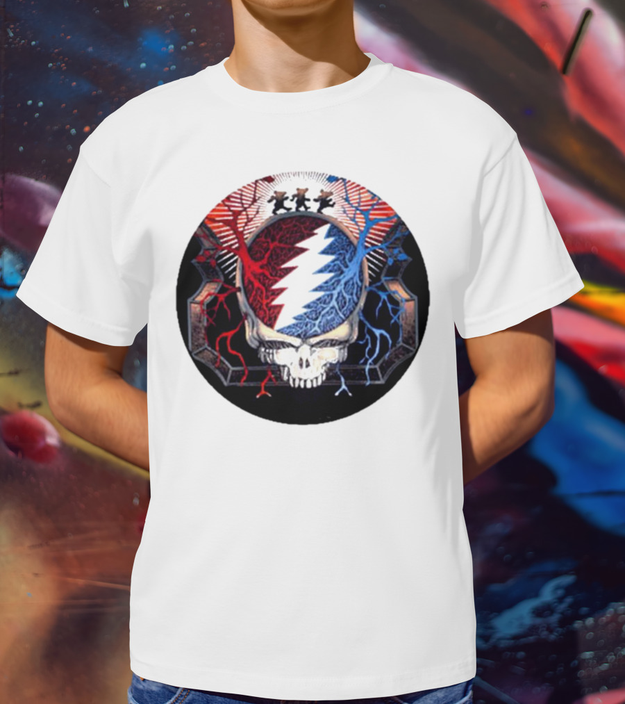 Grateful Dead Skull Bear Red Blue Lightning Bolt Circle T-Shirt