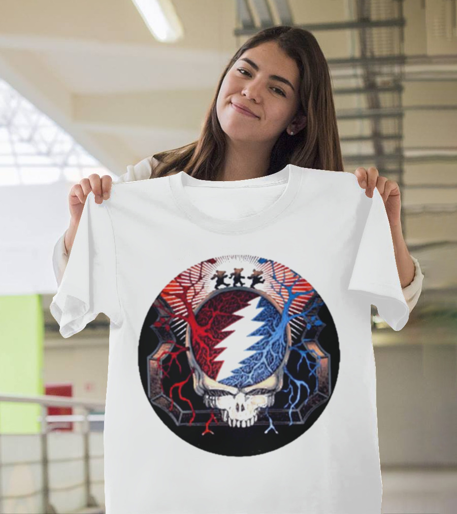 Grateful Dead Skull Bear Red Blue Lightning Bolt Circle T-Shirt