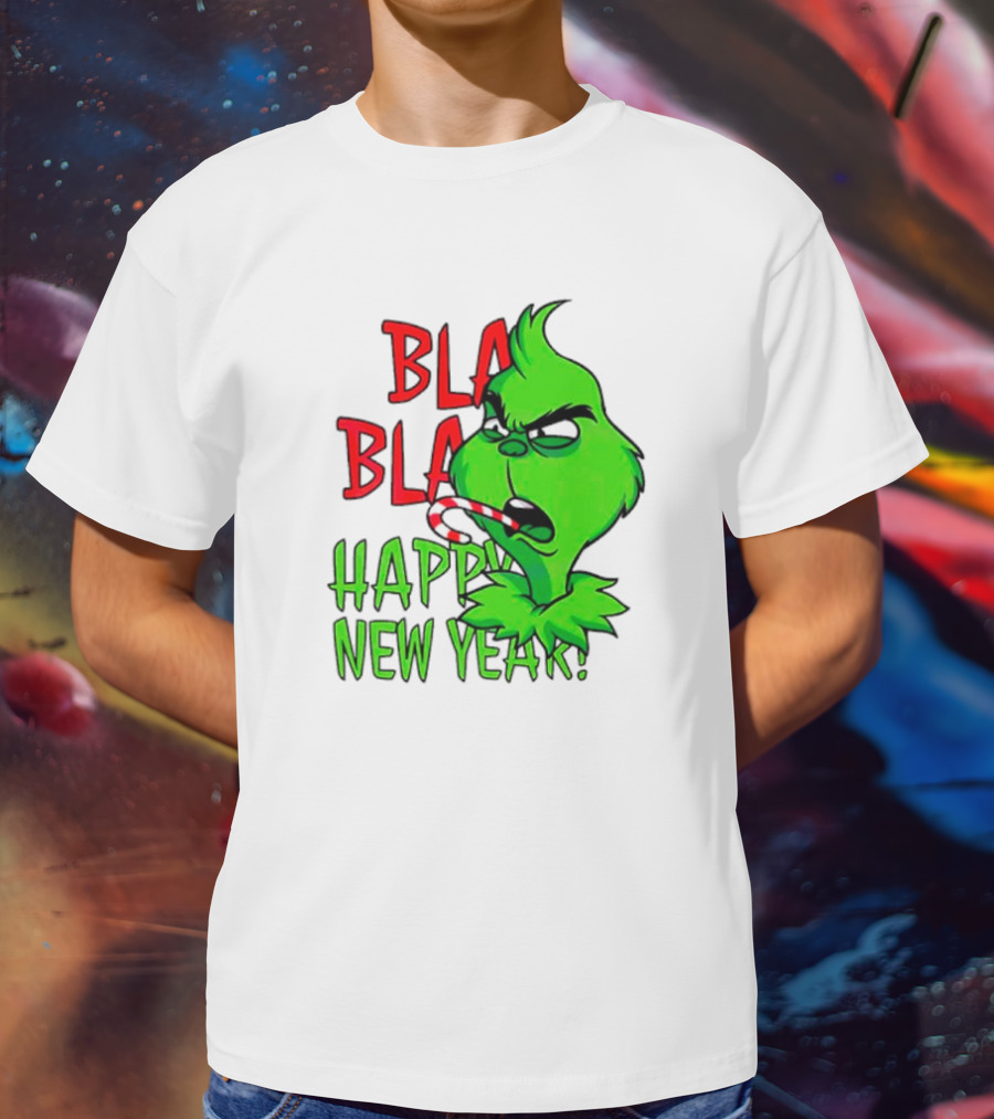 Bla Bla Happy New Year Grinch Candy Cane Image T-Shirt