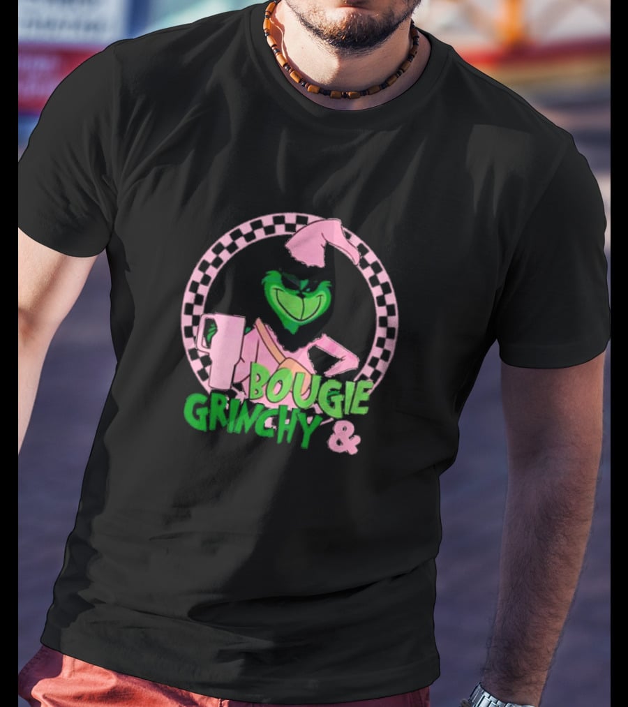Bougie Grinchy And Pink Character With Checkerboard Circle T-Shirt
