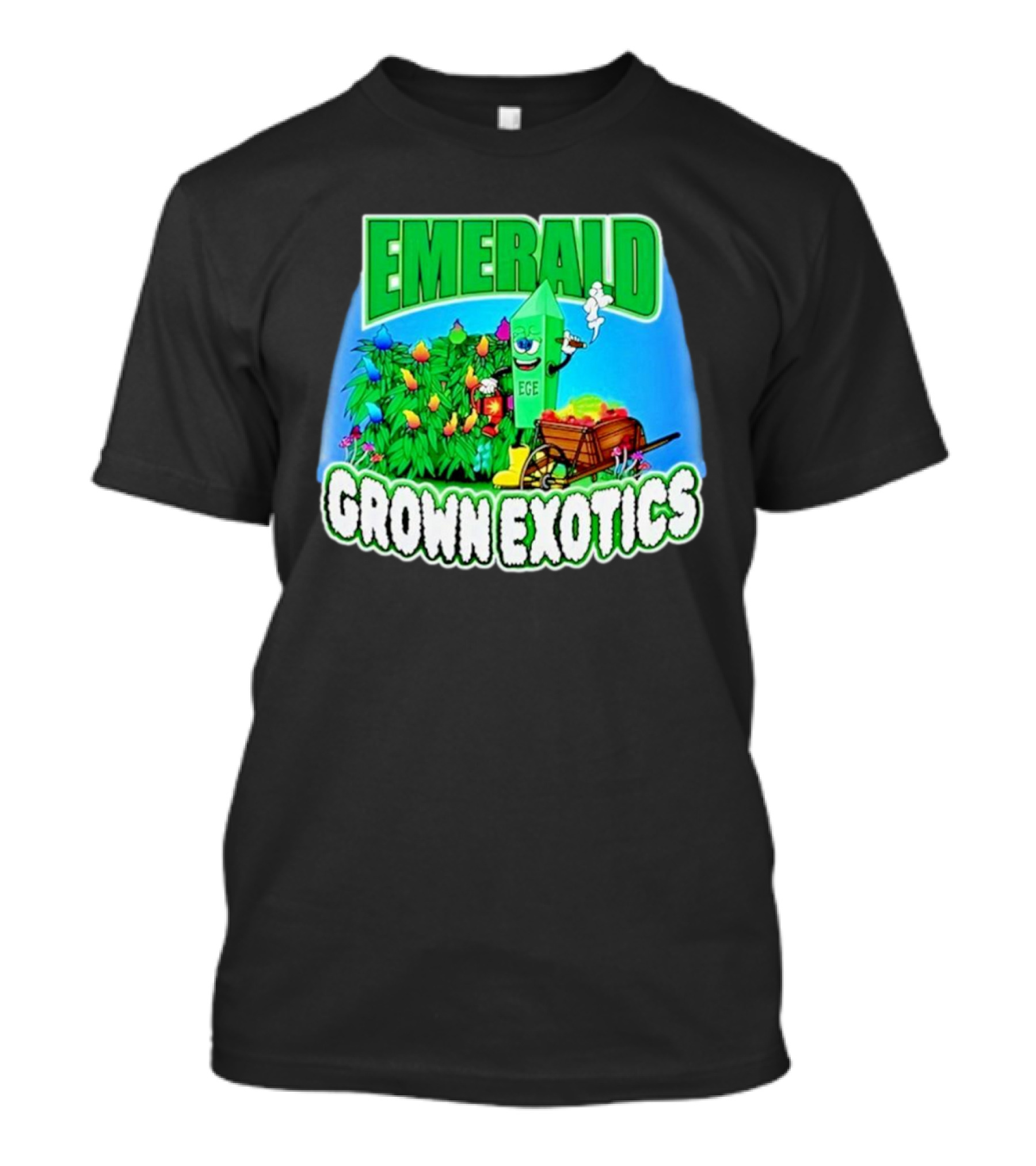 Emerald Grown Exotics Colorful Harvest With EGE Mascot And Wagon T-Shirt