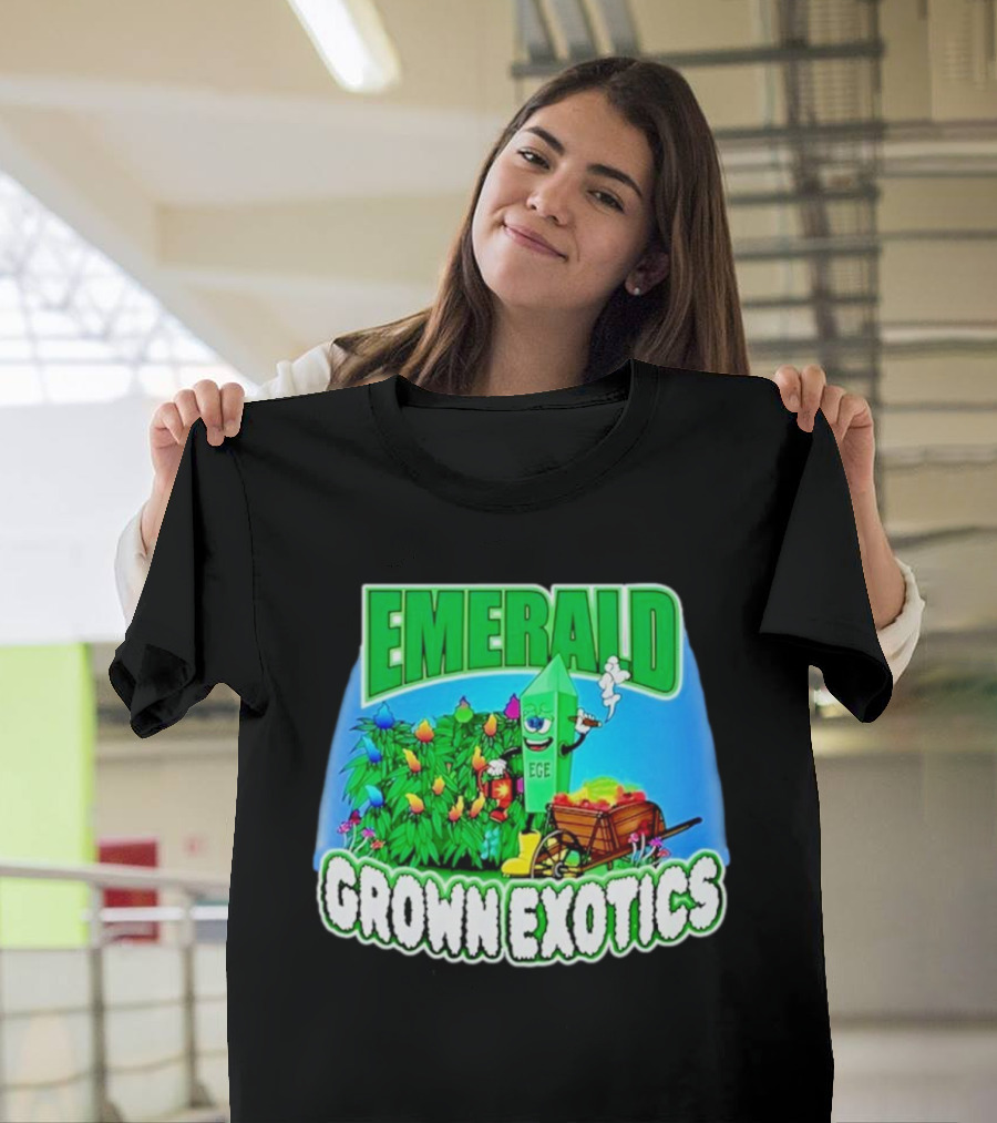 Emerald Grown Exotics Colorful Harvest With EGE Mascot And Wagon T-Shirt