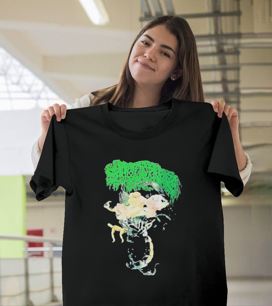 Sanguisugabogg Homicidal Ecstacy Abstract Green Dripping Text With Floral Skull And Spine T-Shirt