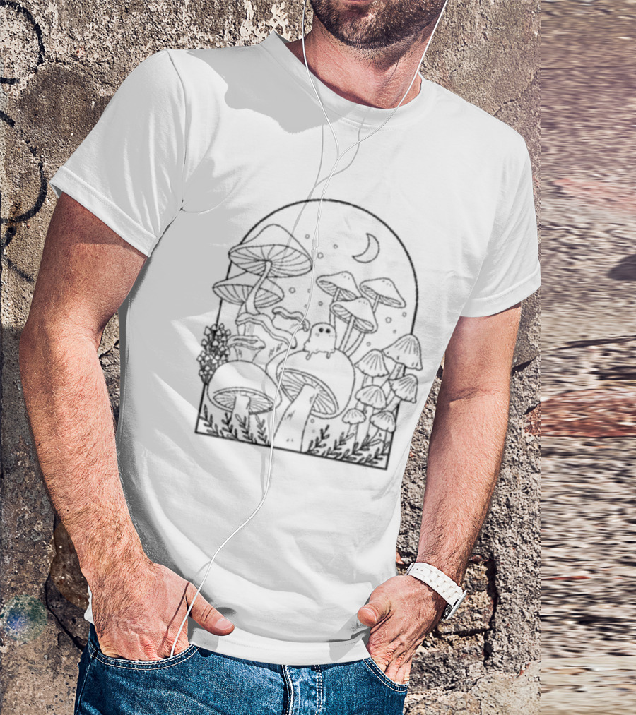 Slimecicle Mushroom Forest Night Scene With Crescent Moon And Cute Ghostly Creature T-Shirt