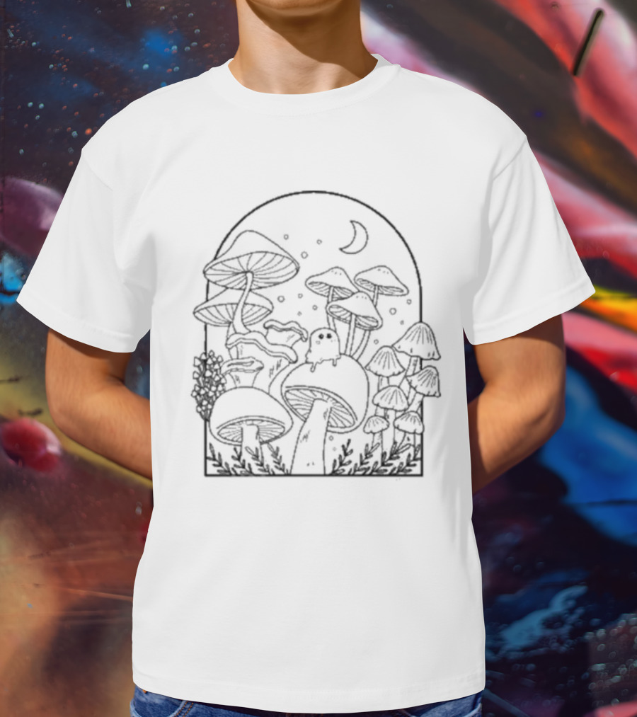 Slimecicle Mushroom Forest Night Scene With Crescent Moon And Cute Ghostly Creature T-Shirt