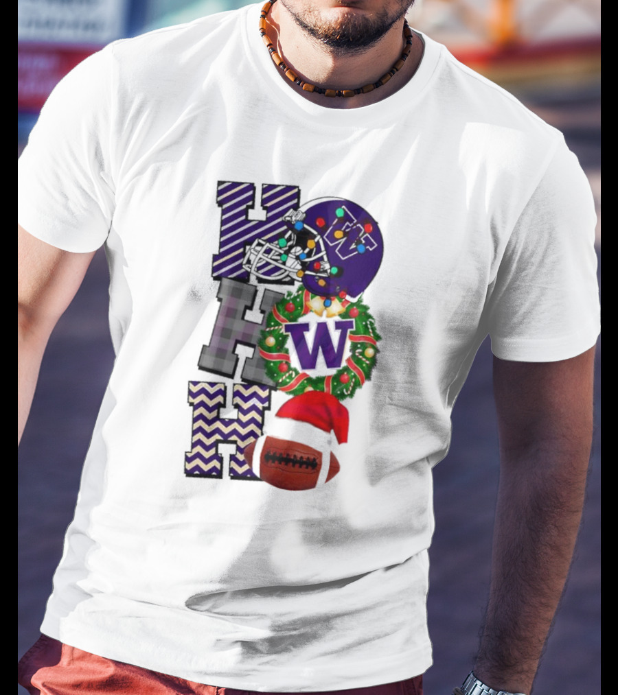 Washington Huskies Football Christmas Helmet Wreath Football Santa Hat Ho Ho Ho T-Shirt