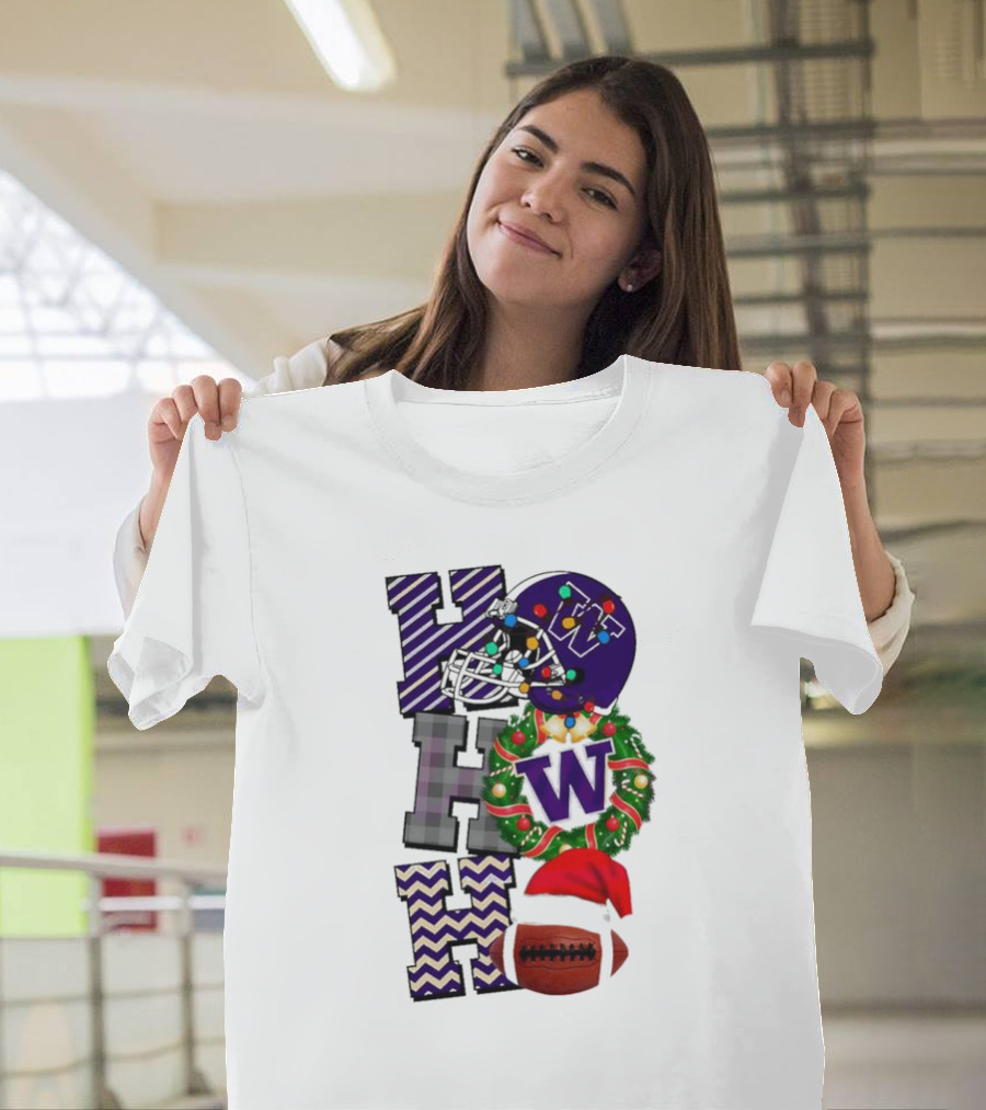 Washington Huskies Football Christmas Helmet Wreath Football Santa Hat Ho Ho Ho T-Shirt