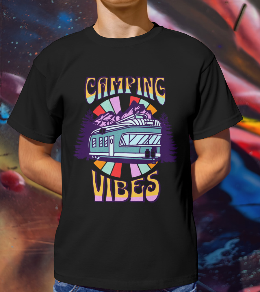 Camping Vibes Retro Travel Trailer Mountains Colorful Sunburst T-Shirt