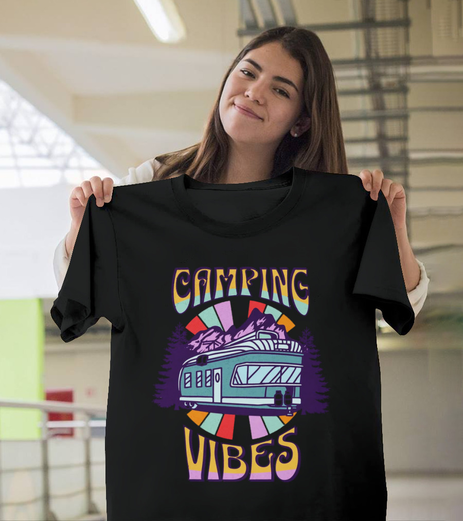 Camping Vibes Retro Travel Trailer Mountains Colorful Sunburst T-Shirt