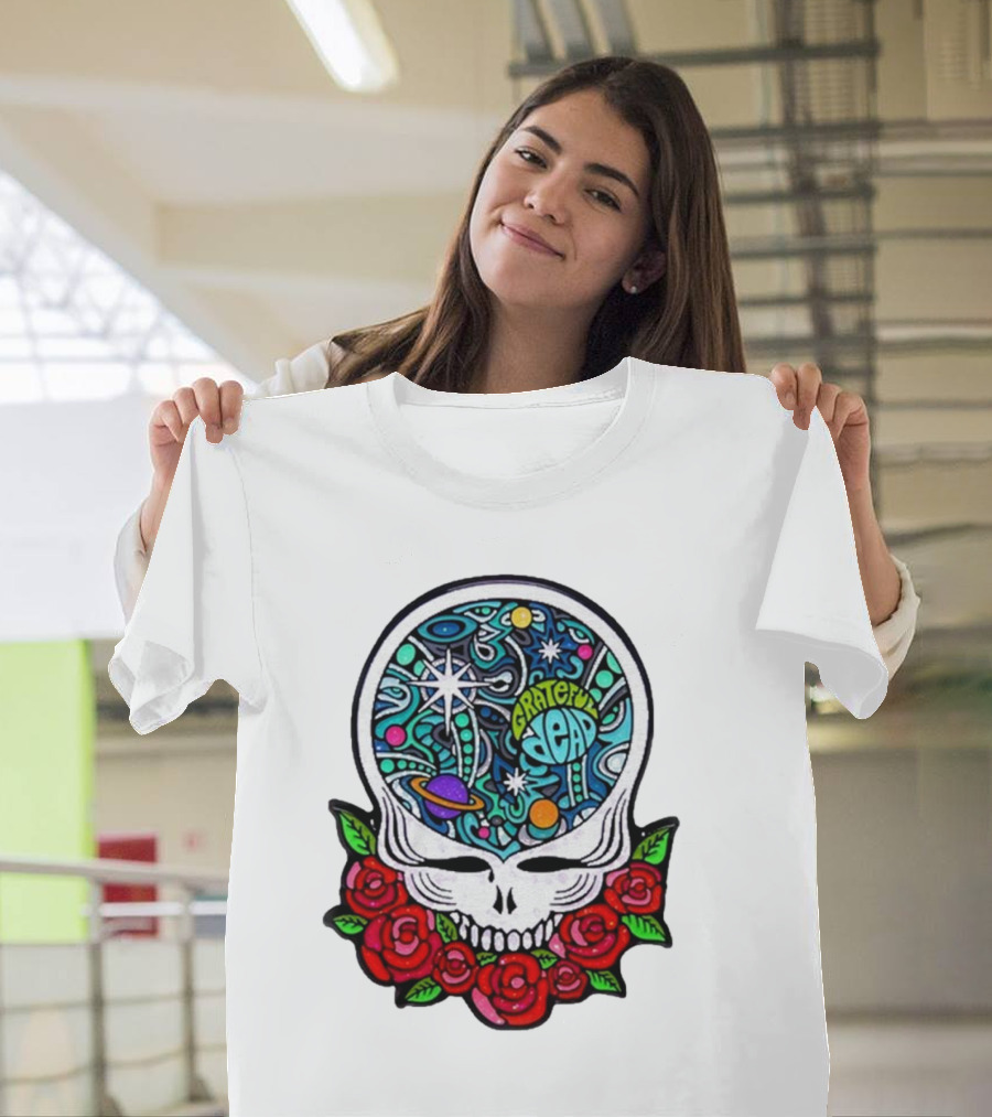 Grateful Dead Skull With Cosmic Rose Design By Danny Steinman T-Shirt