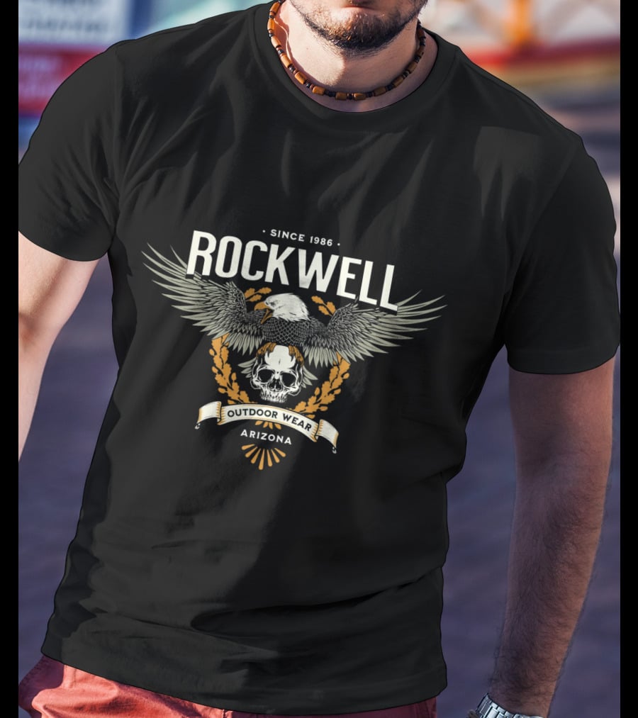 Rockwell Arizona Since 1986 Outdoor Wear Eagle And Skull Badge T-Shirt