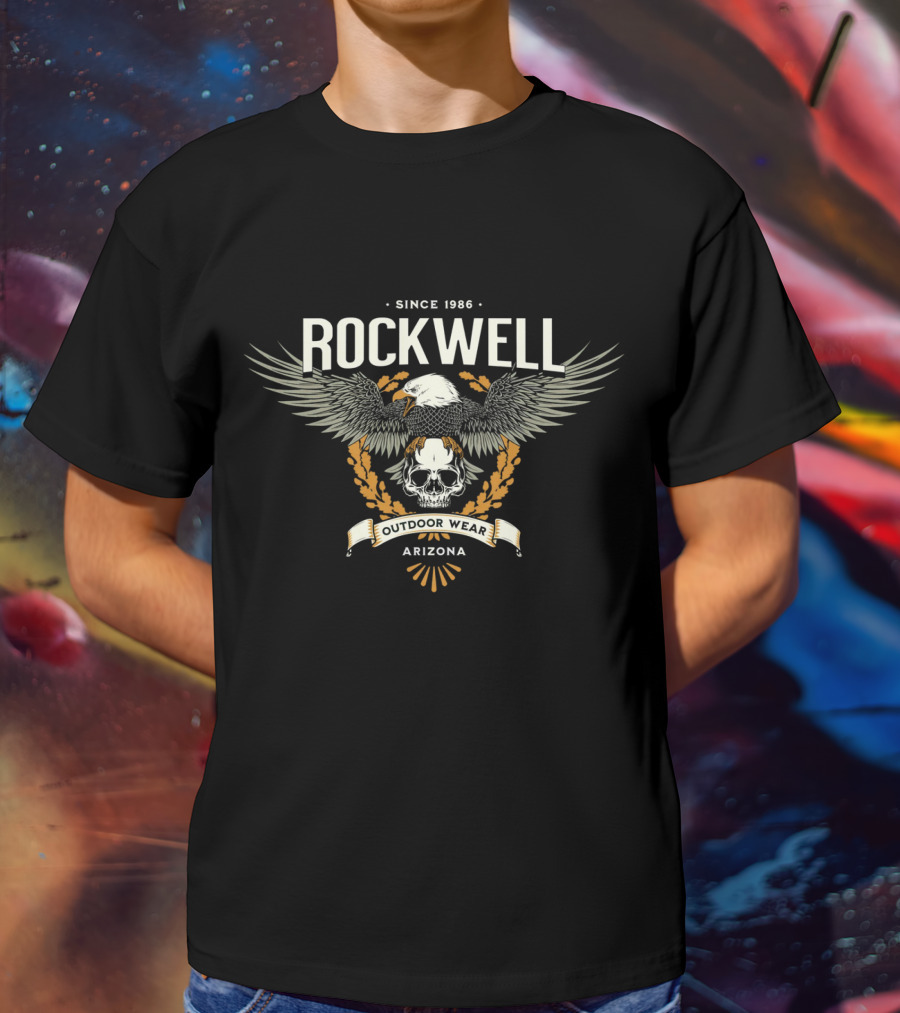 Rockwell Arizona Since 1986 Outdoor Wear Eagle And Skull Badge T-Shirt