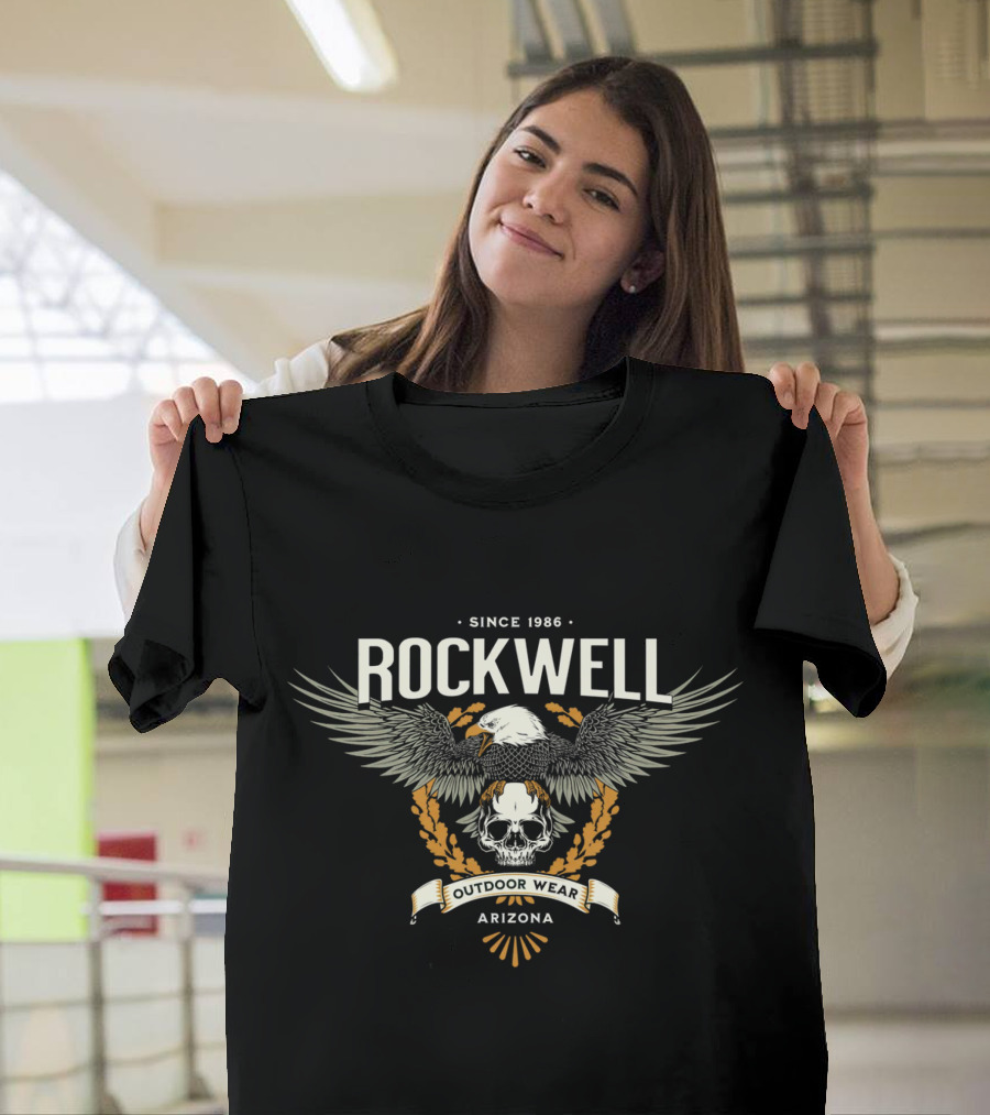 Rockwell Arizona Since 1986 Outdoor Wear Eagle And Skull Badge T-Shirt