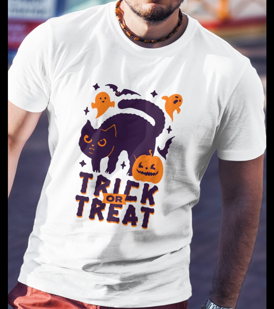 Trick Or Treat Halloween Cats Pumpkins Ghosts And Bats T-Shirt