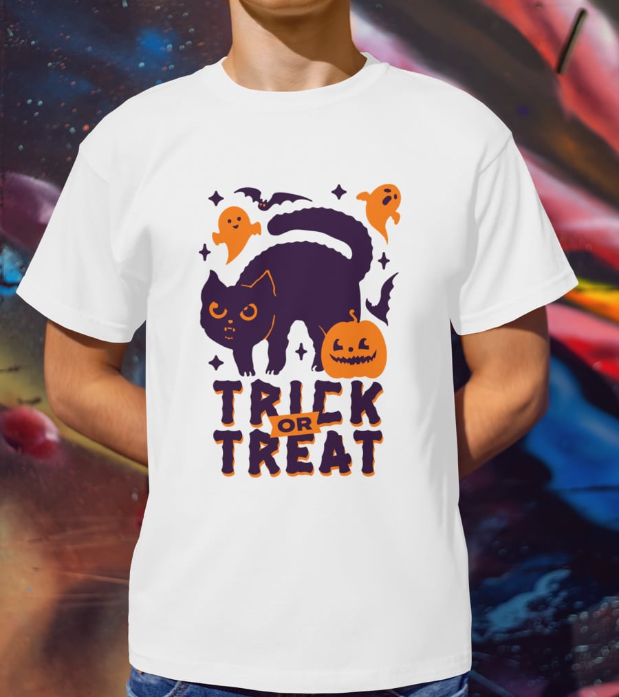 Trick Or Treat Halloween Cats Pumpkins Ghosts And Bats T-Shirt