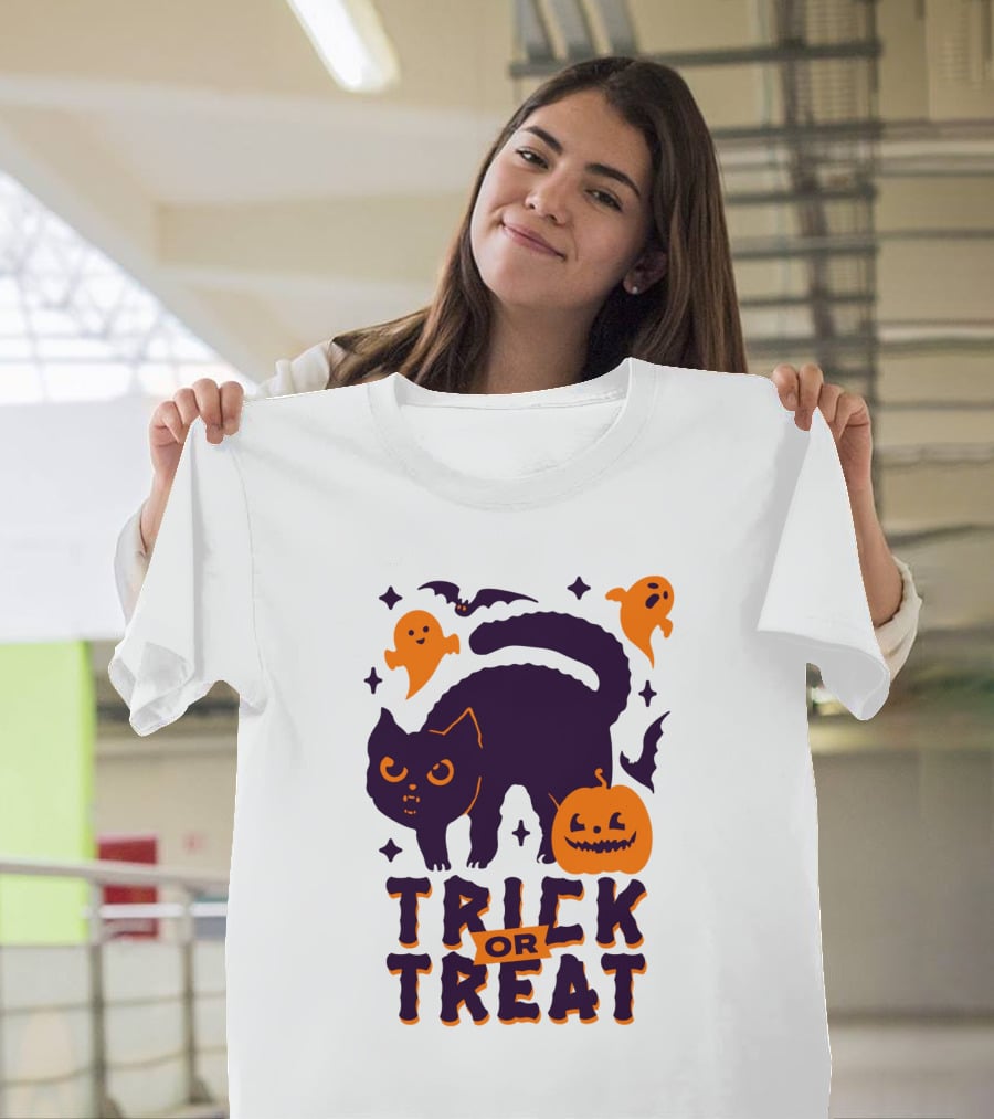 Trick Or Treat Halloween Cats Pumpkins Ghosts And Bats T-Shirt