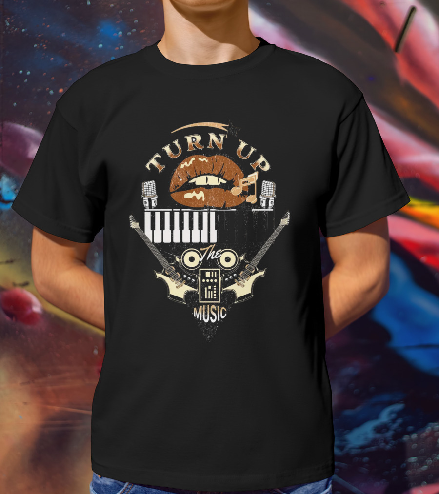 TURN UP THE MUSIC Keyboard Guitars And Microphones T-Shirt