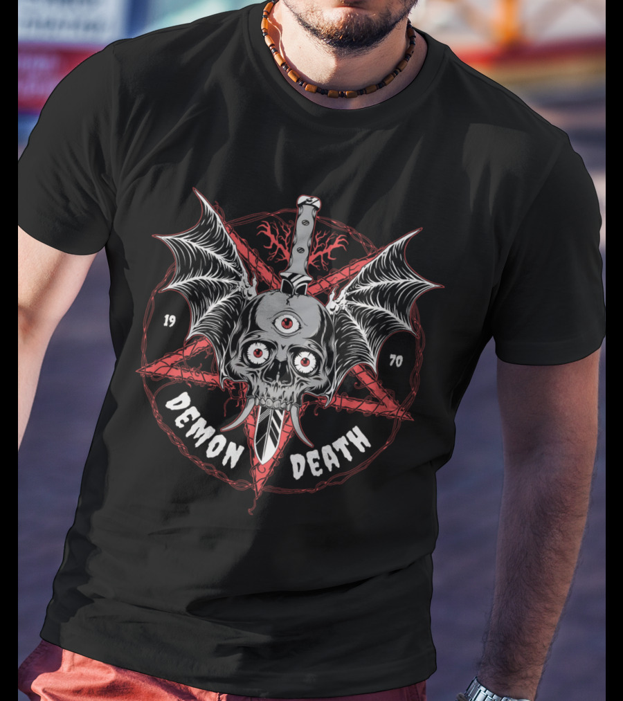 DEMON DEATH 1970 Skull With Wings And Knife In Pentagram T-Shirt