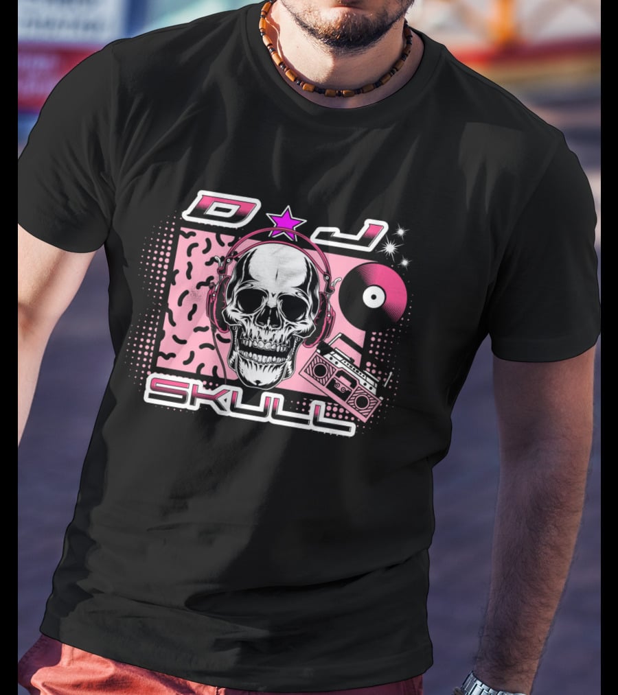 DJ Skull Retro Headphones Boombox Vinyl Star T-Shirt