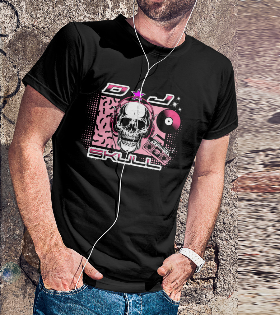 DJ Skull Retro Headphones Boombox Vinyl Star T-Shirt