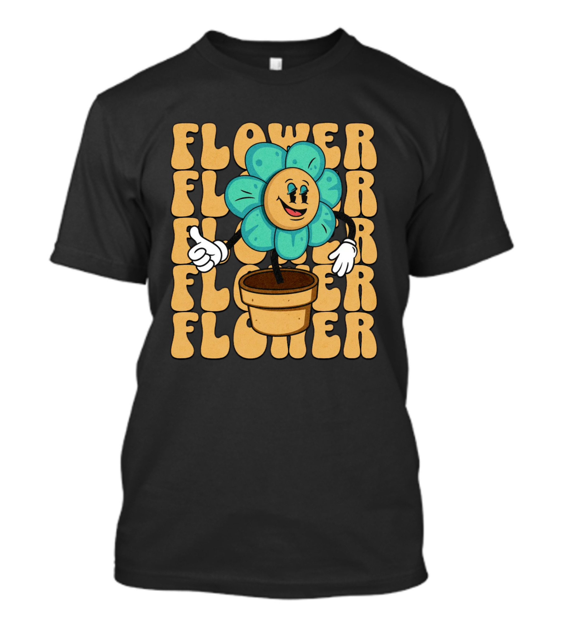 Flower Happy Blue Petal Character In Pot With Groovy Text T-Shirt