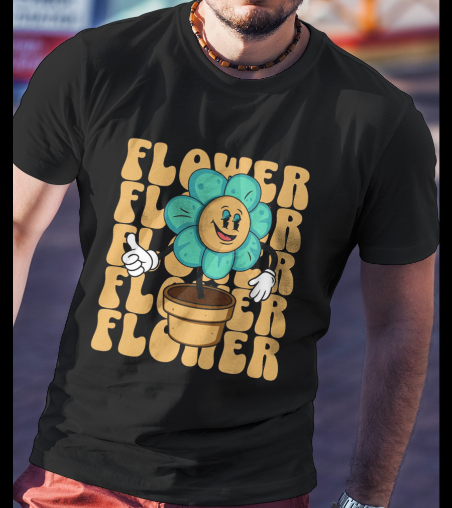 Flower Happy Blue Petal Character In Pot With Groovy Text T-Shirt