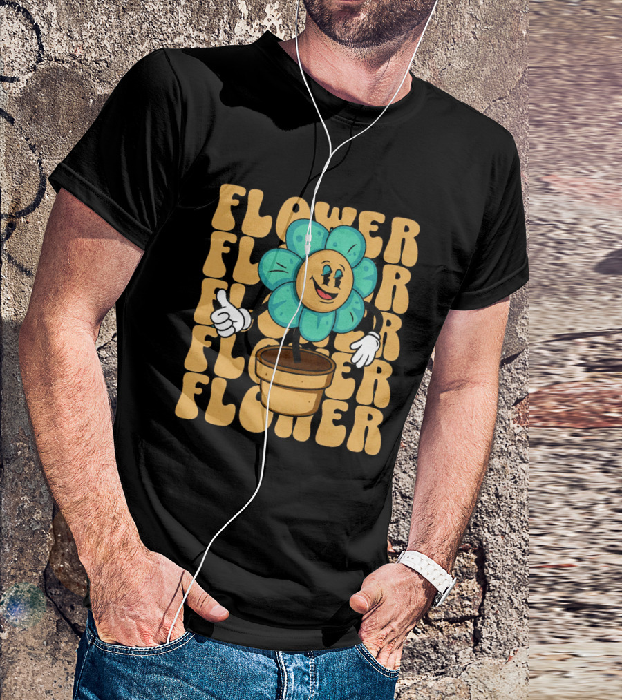 Flower Happy Blue Petal Character In Pot With Groovy Text T-Shirt