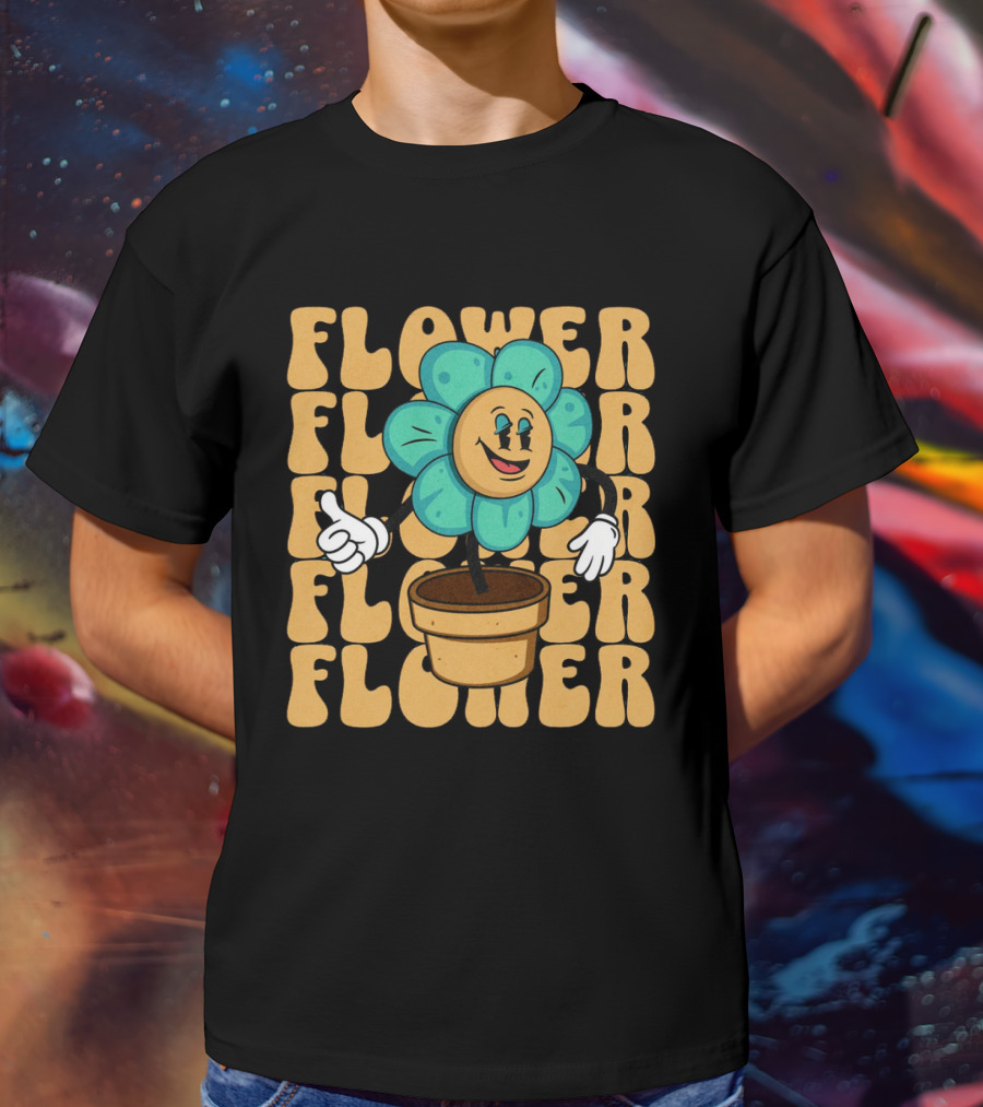 Flower Happy Blue Petal Character In Pot With Groovy Text T-Shirt