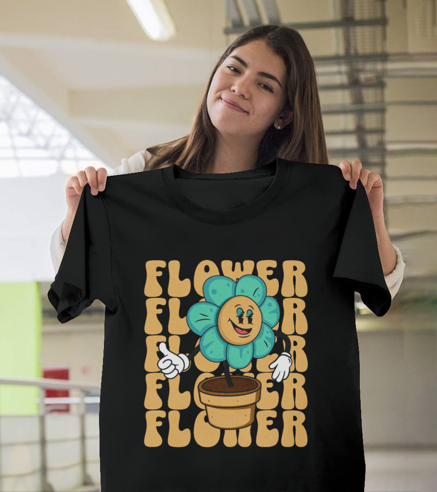Flower Happy Blue Petal Character In Pot With Groovy Text T-Shirt