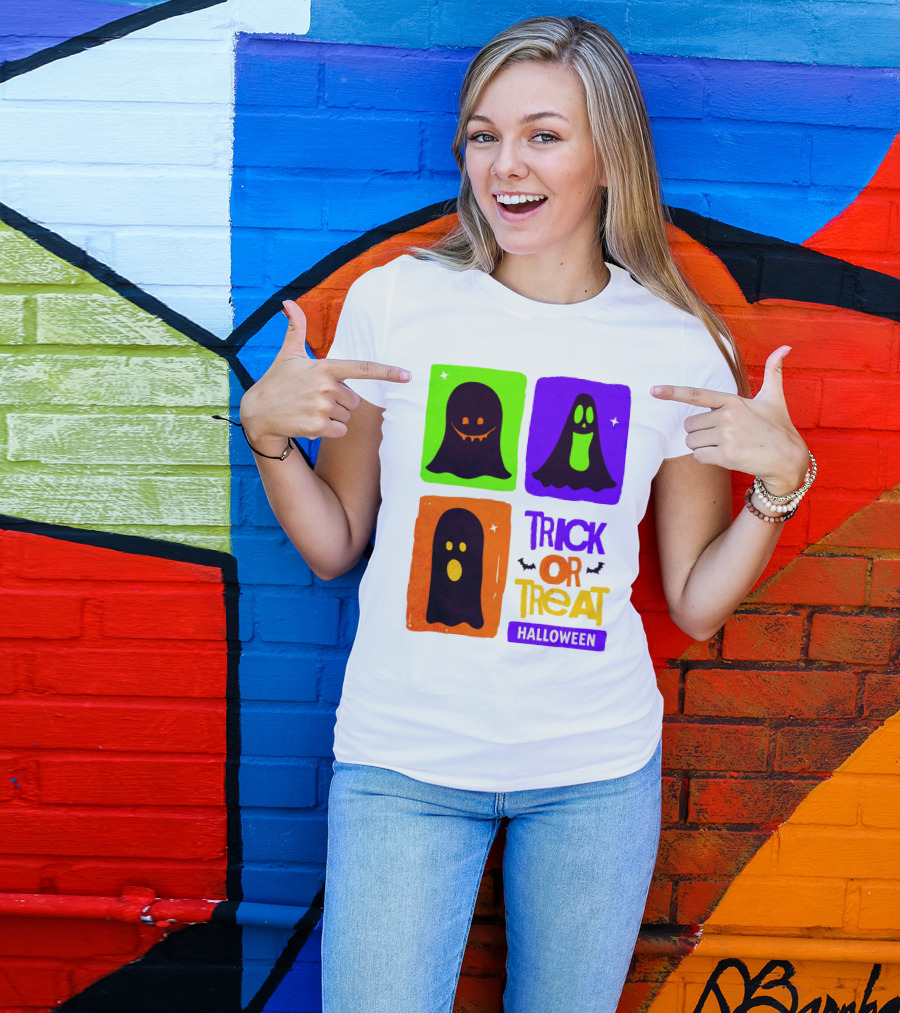 Halloween Trick Or Treat Ghosts In Colorful Boxes T-Shirt