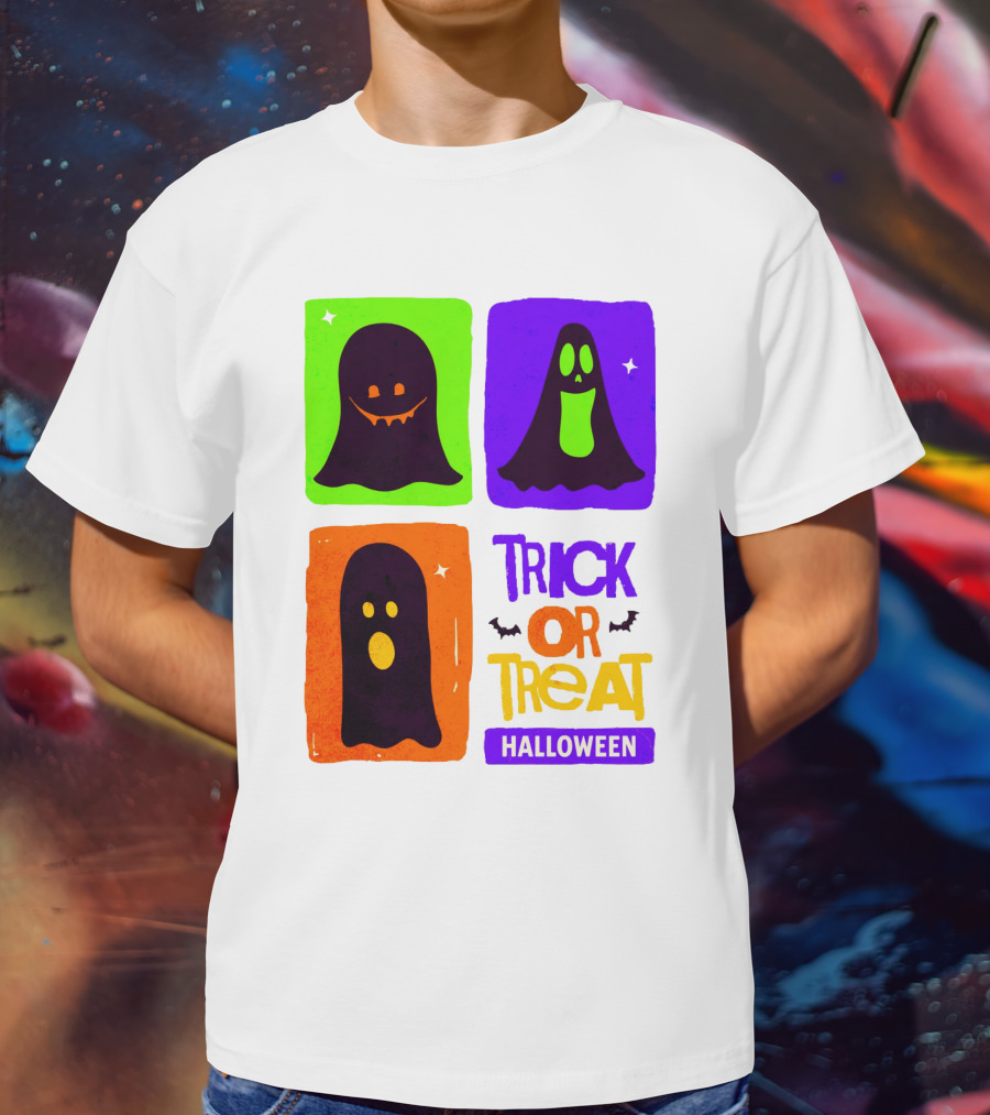 Halloween Trick Or Treat Ghosts In Colorful Boxes T-Shirt