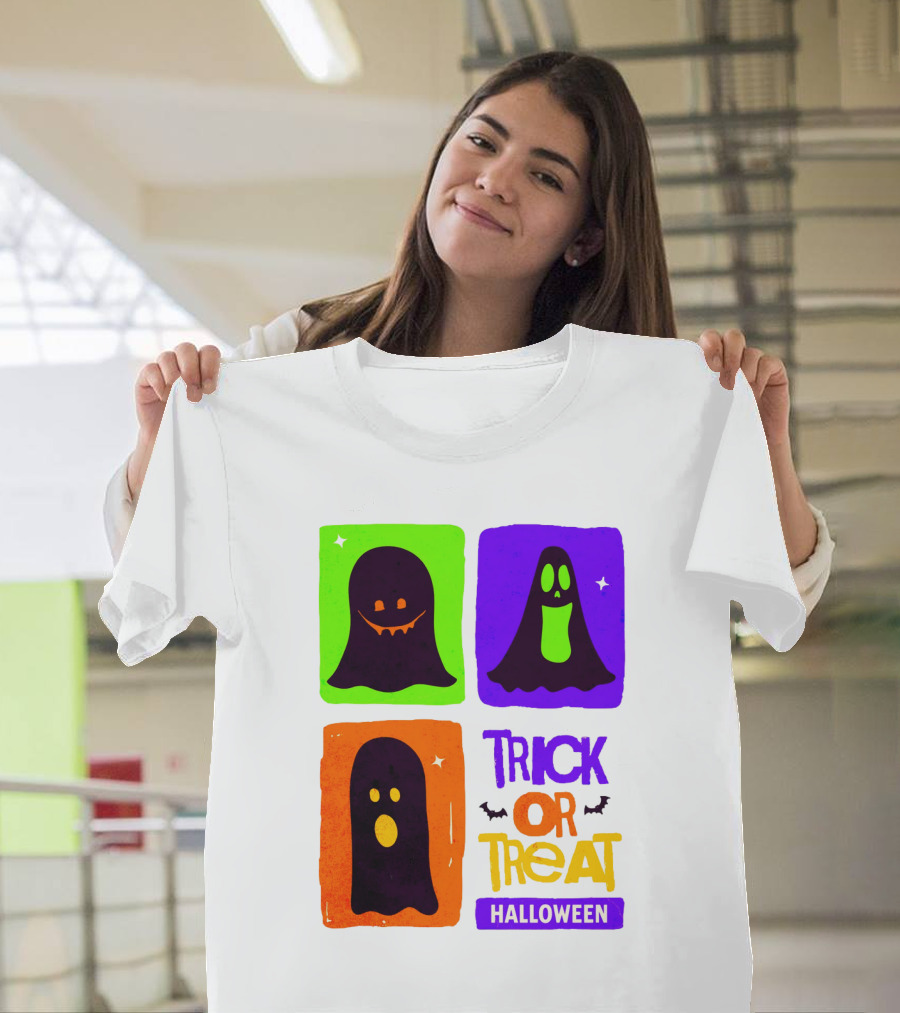 Halloween Trick Or Treat Ghosts In Colorful Boxes T-Shirt
