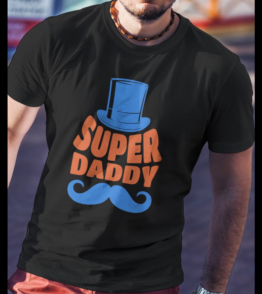 Super Daddy Mustache Top Hat Blue T-Shirt