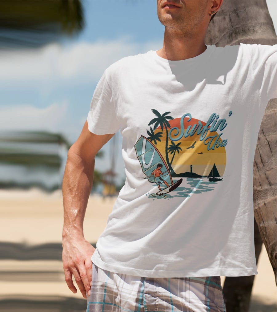Surfin' Usa Retro Sunset Windsurfer Palm Trees Ocean Scene T-Shirt