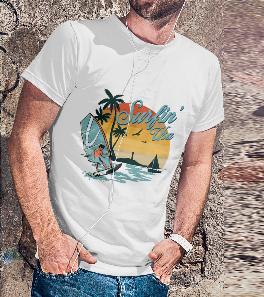 Surfin' Usa Retro Sunset Windsurfer Palm Trees Ocean Scene T-Shirt