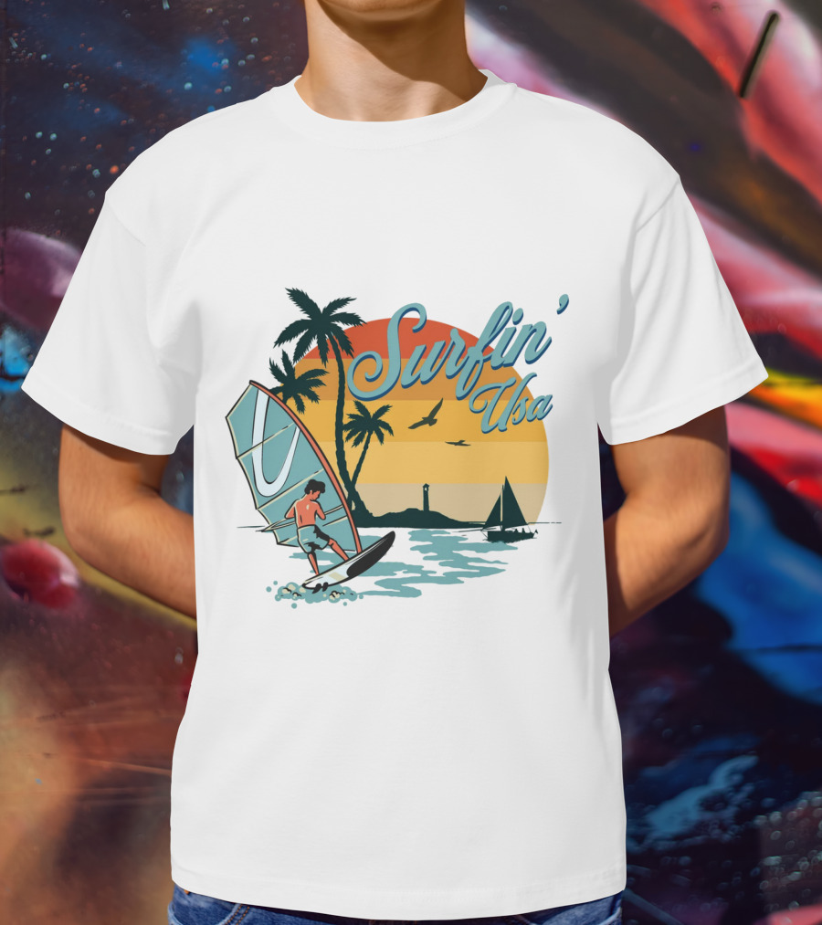 Surfin' Usa Retro Sunset Windsurfer Palm Trees Ocean Scene T-Shirt