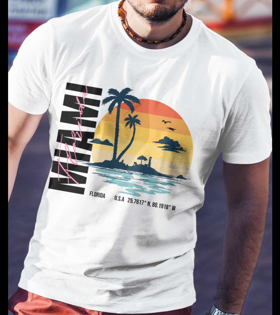Florida Miami Beach Sunset Coordinates Palm Trees T-Shirt