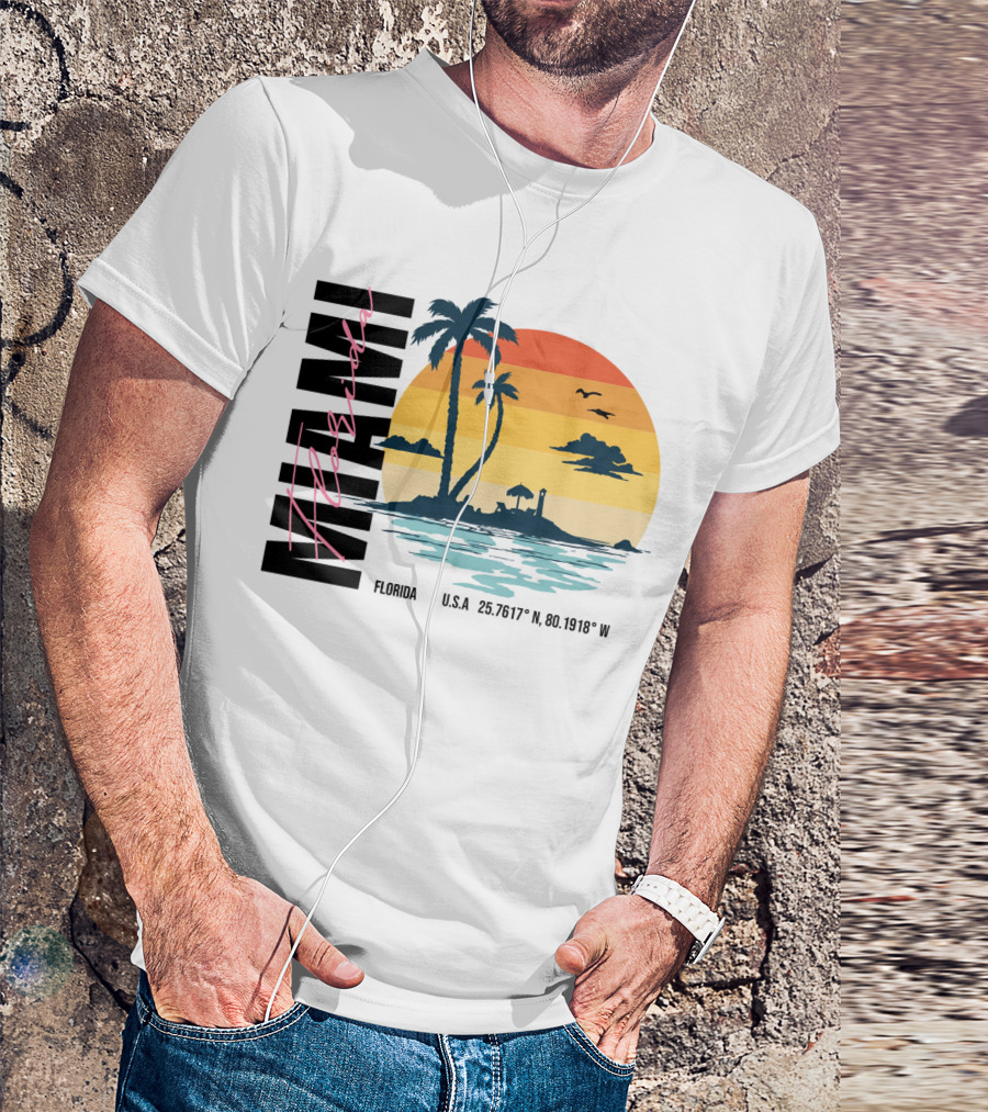 Florida Miami Beach Sunset Coordinates Palm Trees T-Shirt