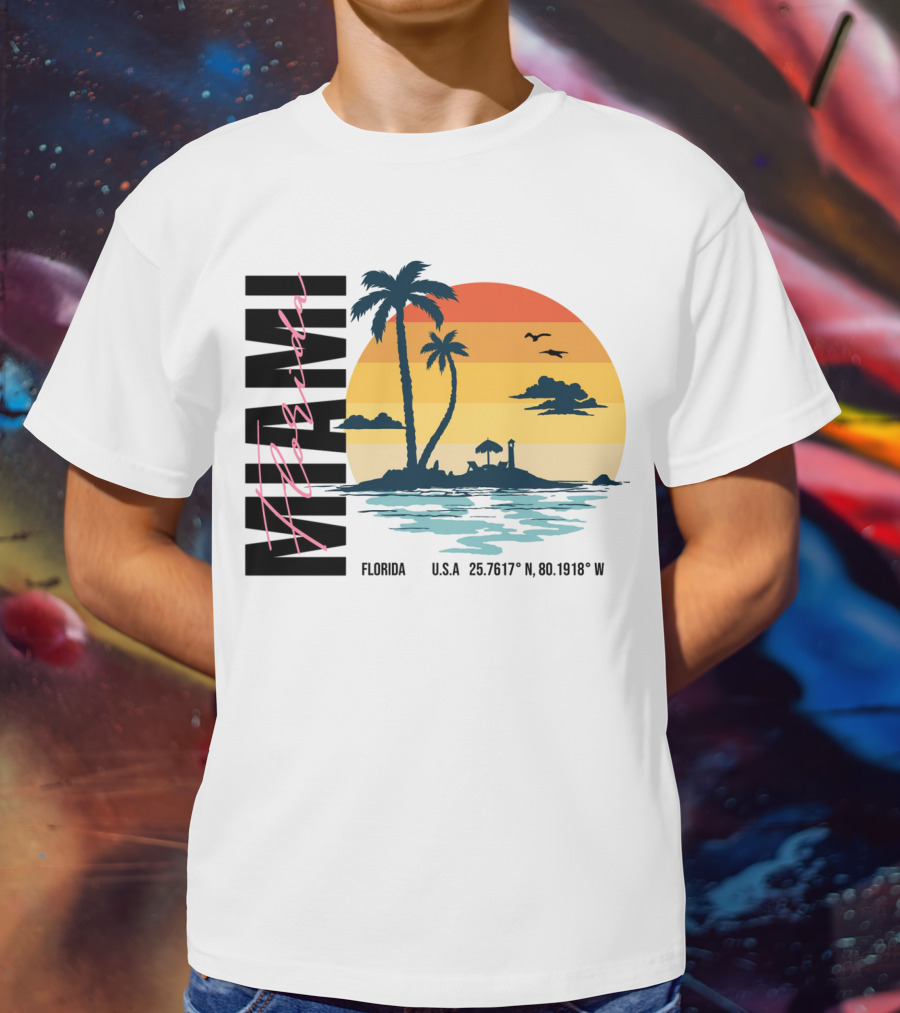 Florida Miami Beach Sunset Coordinates Palm Trees T-Shirt