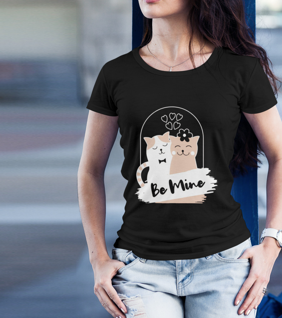 Be Mine Cute Cat Couple With Hearts And Bow Tie T-Shirt