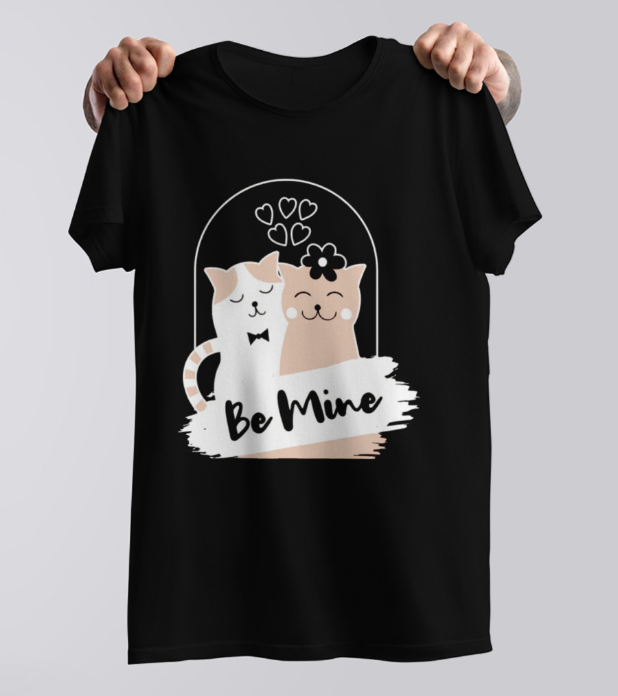 Be Mine Cute Cat Couple With Hearts And Bow Tie T-Shirt