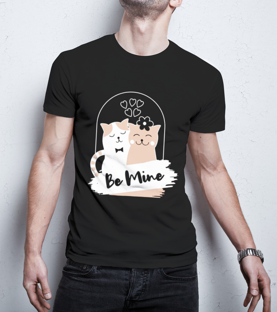 Be Mine Cute Cat Couple With Hearts And Bow Tie T-Shirt