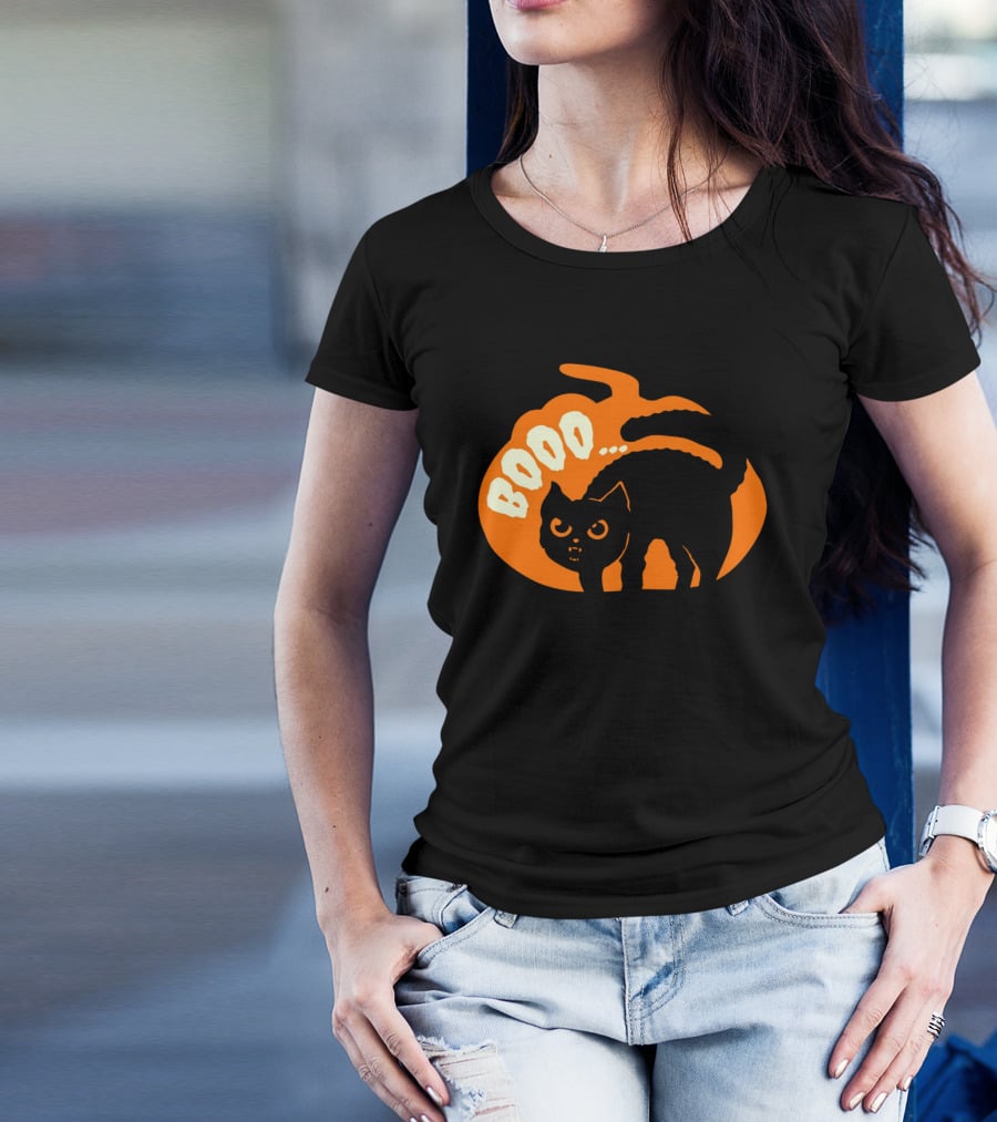 BOO Scary Cat Halloween Pumpkin T-Shirt
